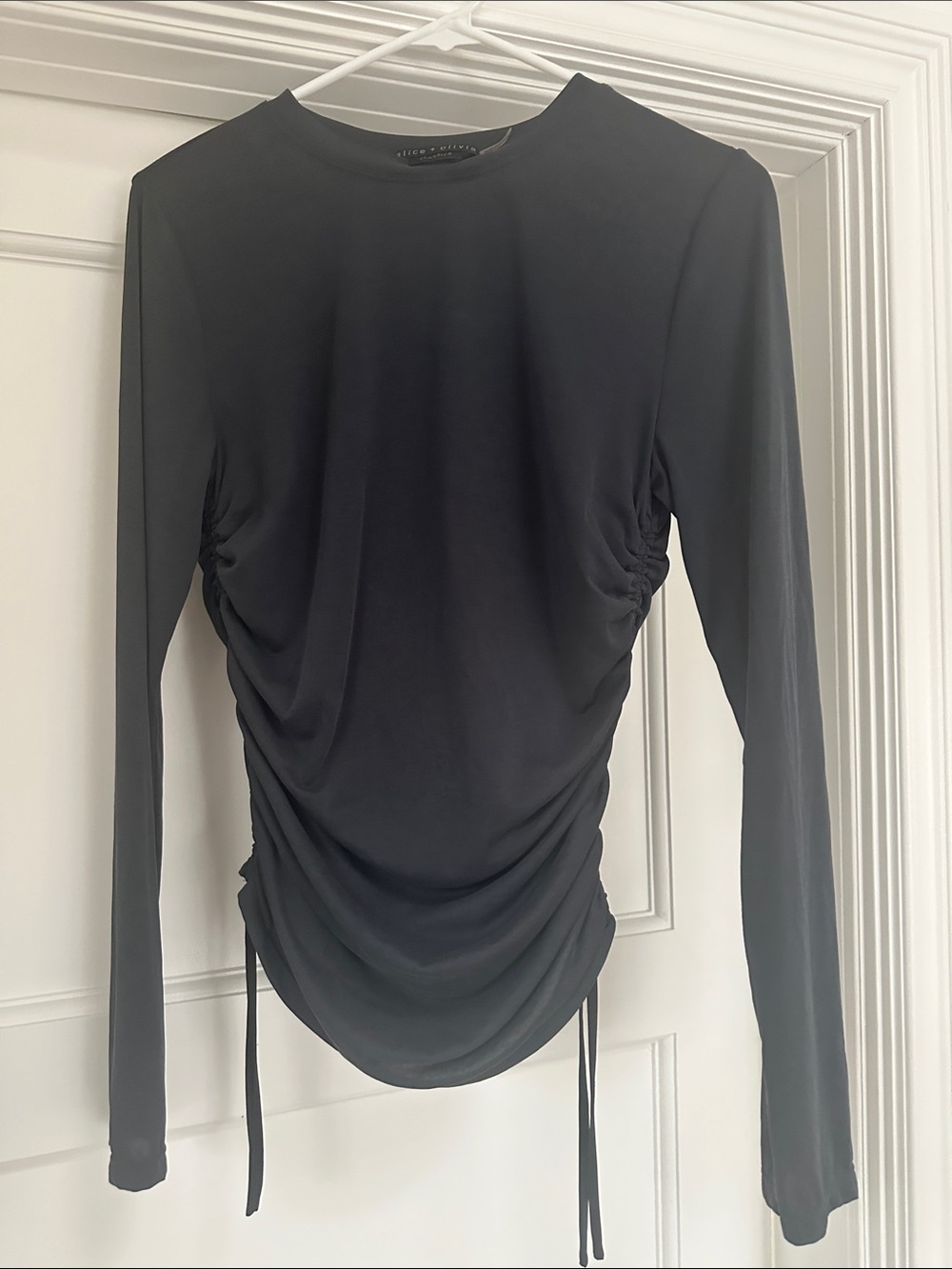 Alice + Olivia Black Long Sleeve Side-Ruched Top